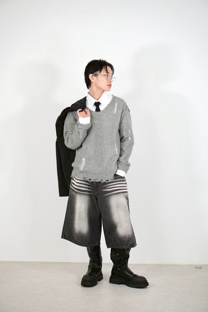 【Chikashitsu +】damage reverse v neck knit (3color) / 【チカシツプラス】リバースVネックダメージニット