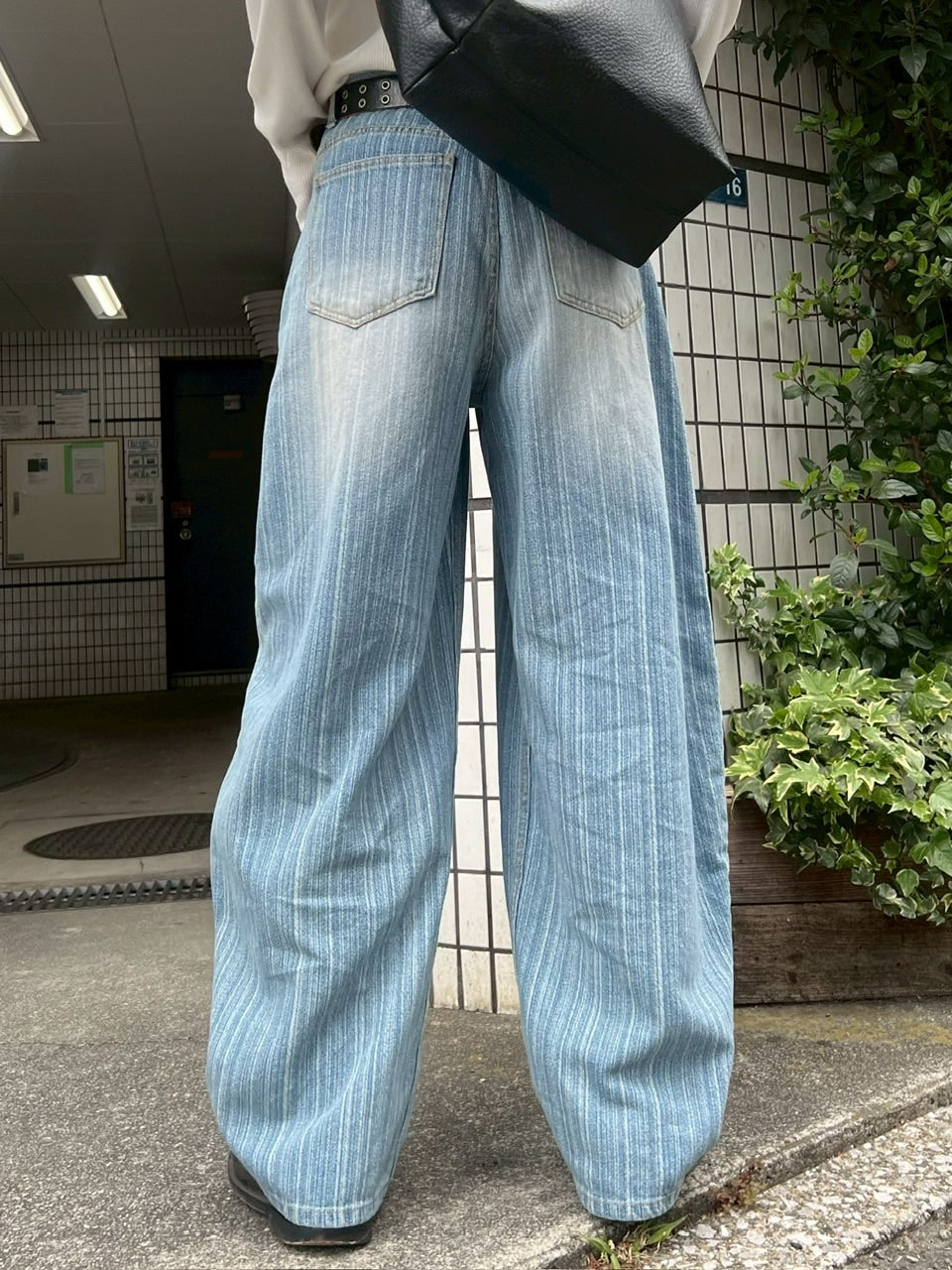 受注制【Chikashitsu +】wide stripe denim pants / 【チカシツプラス】ストライプボーダーワイドデニムパンツ