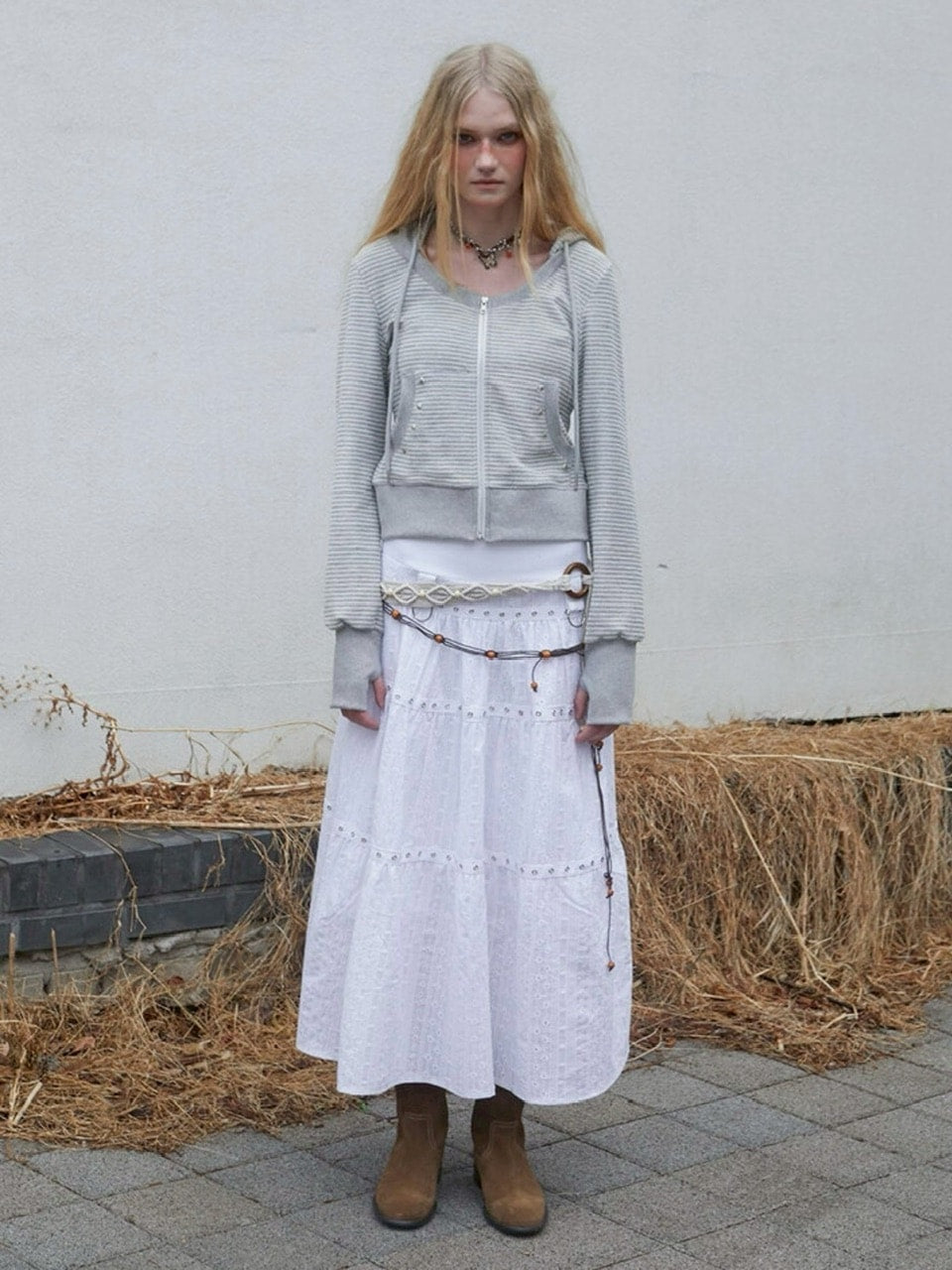 【NOT KNOWING】U Neck Stripe Hood Zip Up