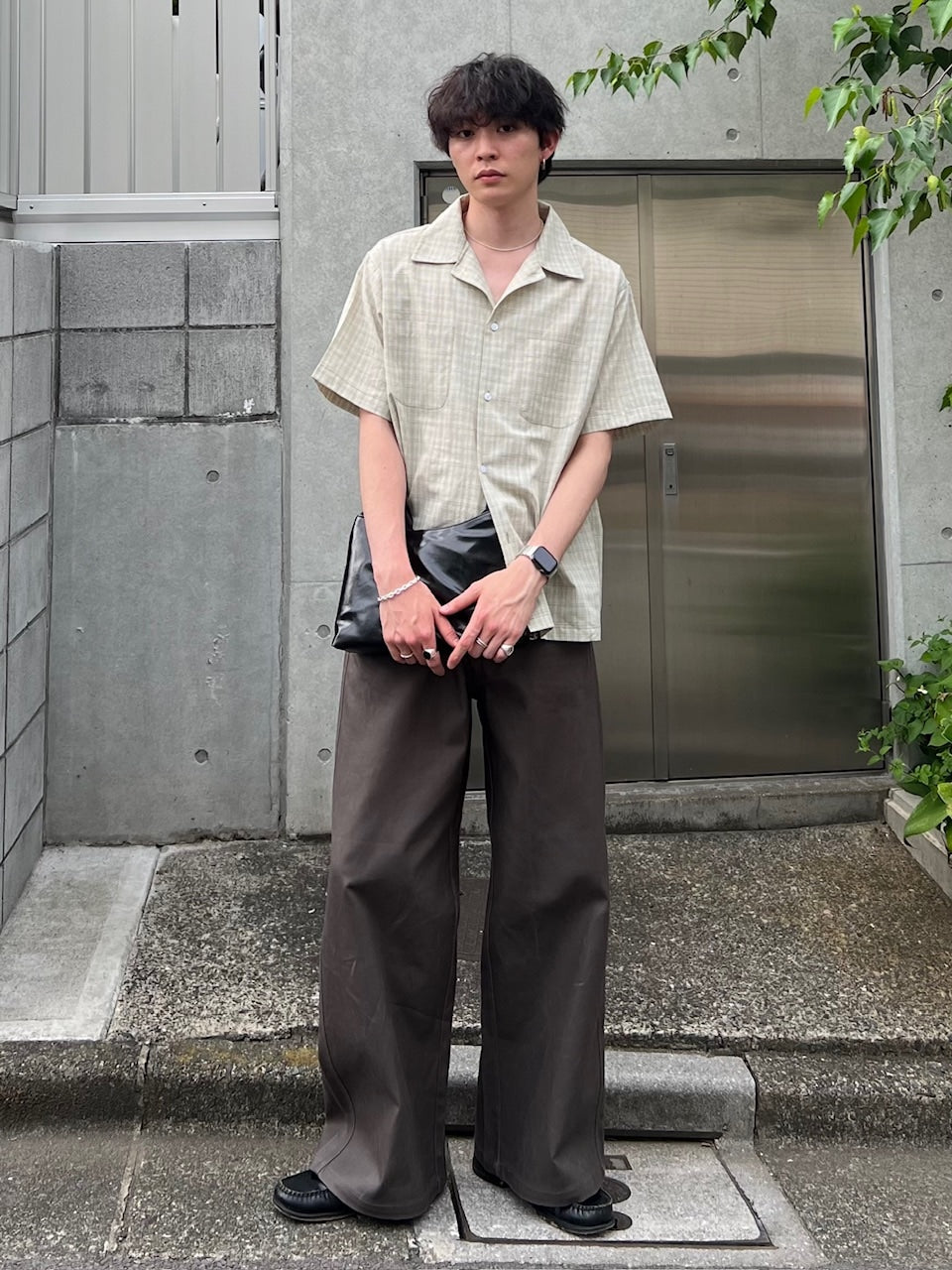 東京店WEB限定受注制【Chikashitsu +】Open collar check shirt (2color)