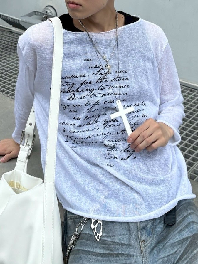 受注制【nmtc +】see through lettering long sleeve (3color) / 【エヌエムティーシープラス】シースルーレタリングプリント長袖Tシャツ