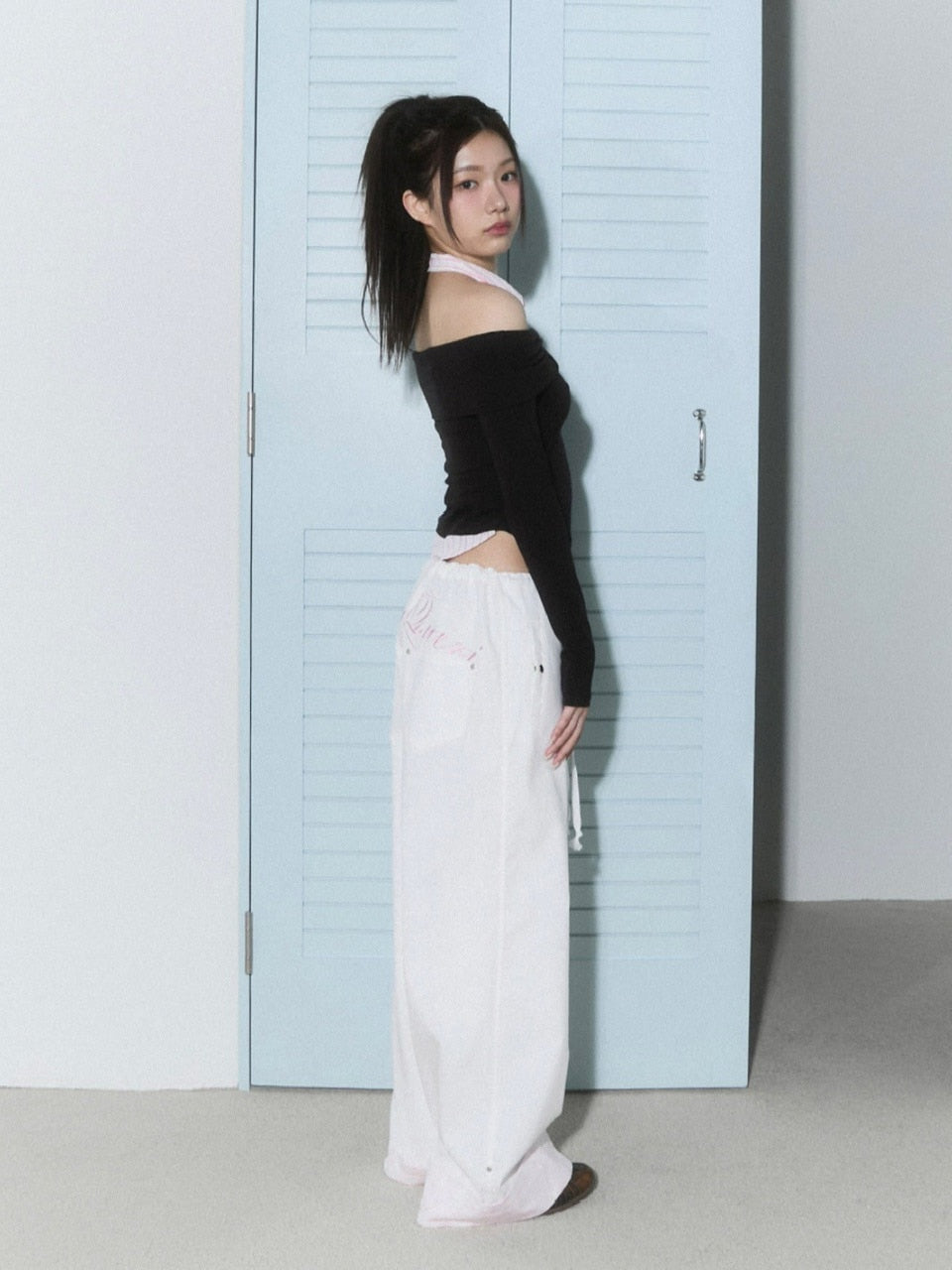 【CHERRYQUIRI】shirts layered off shoulder top