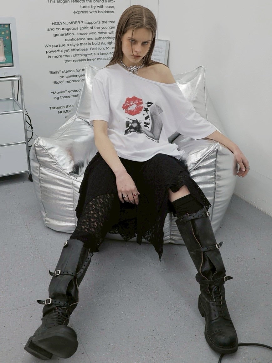 HOLY NUMBER 7】OFF-SHOULDER PUNK GRAPHICS SHORT-SLEEVED T-SHIRT
