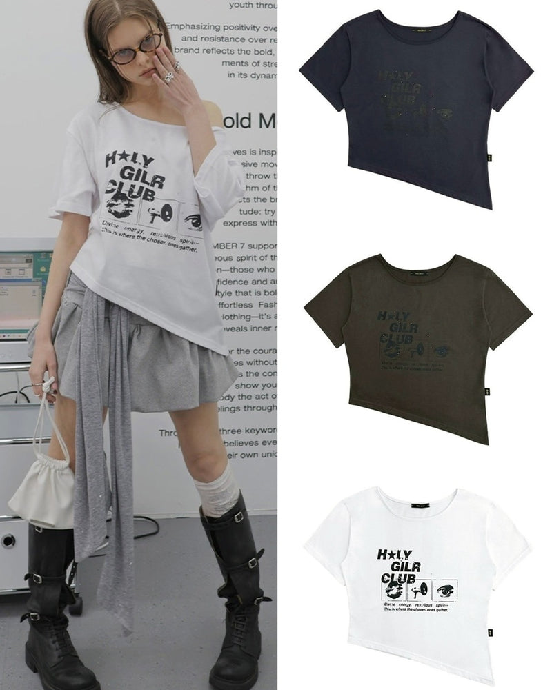 【HOLY NUMBER 7】OFF-SHOULDER HOLY GIRL CLUB GRAPHICS SHORT-SLEEVED T-SHIRT/ 【ホーリーナンバーセブン】オフショルダープリント半袖Tシャツ