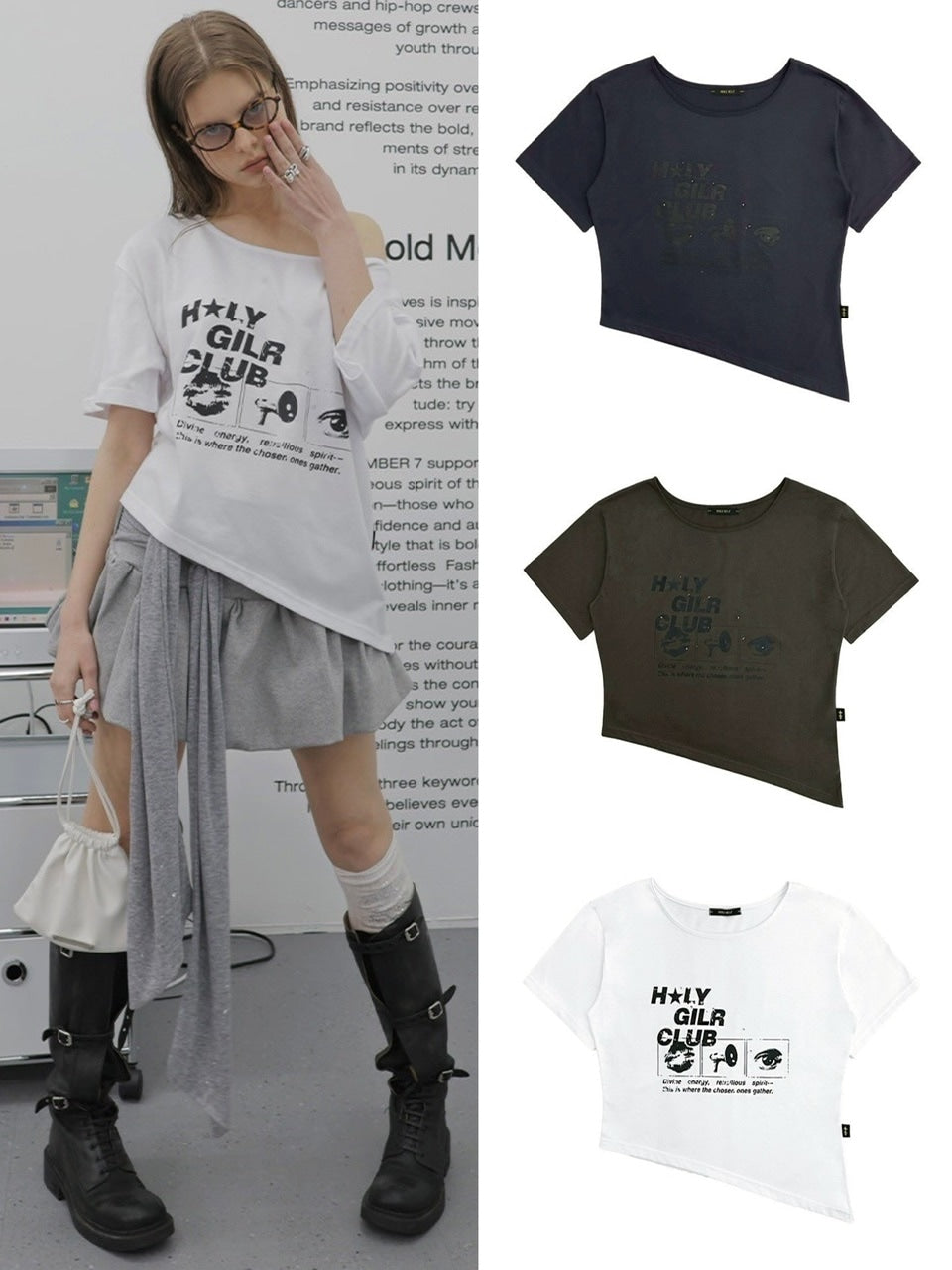 【HOLY NUMBER 7】OFF-SHOULDER HOLY GIRL CLUB GRAPHICS SHORT-SLEEVED T-SHIRT/ 【ホーリーナンバーセブン】オフショルダープリント半袖Tシャツ