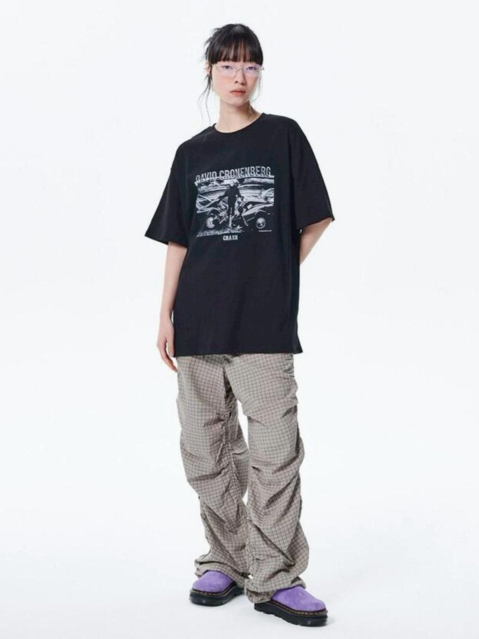【runningHIGH】CHECK SHIRRING PARACHUTE PANTS