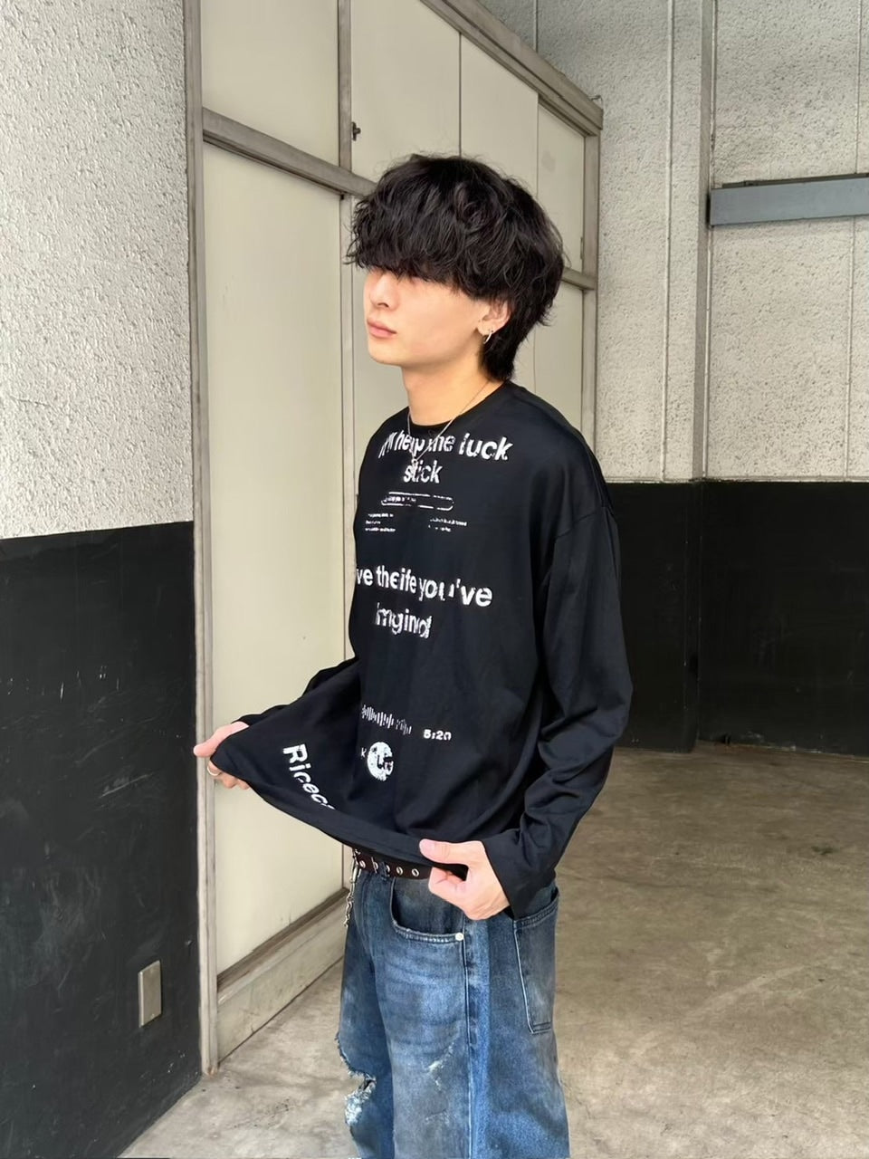 【Chikashitsu +】croque lettering long sleeve / 【チカシツプラス】モックネックレタリング長袖Tシャツ(2color)