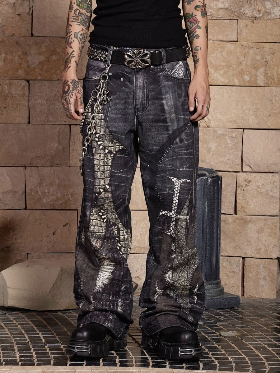 【DND4DES】LEATHER CROSS SPLICING PRINTED JEANS