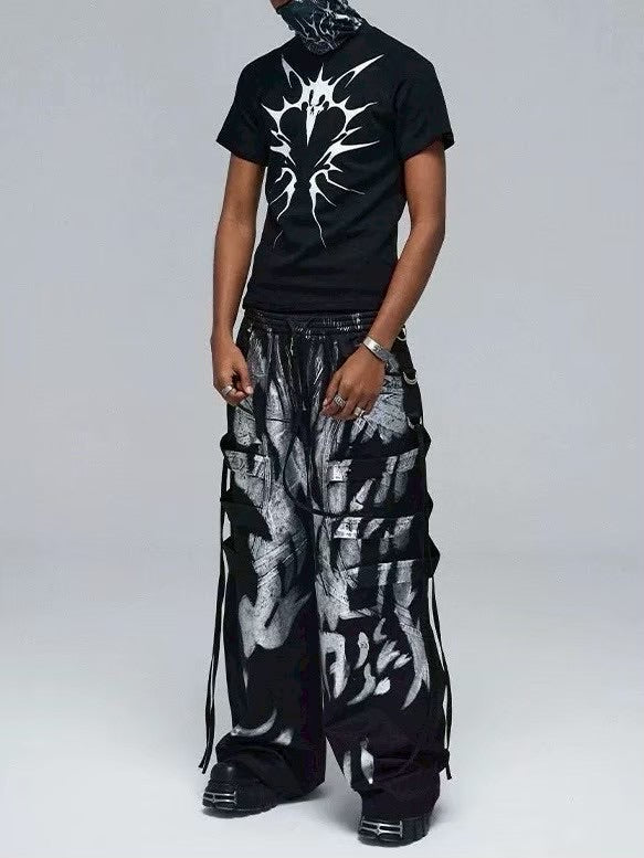 【DND4DES】 MULTI-LAYERED STRIPED GRAFFITI CARGO PANTS