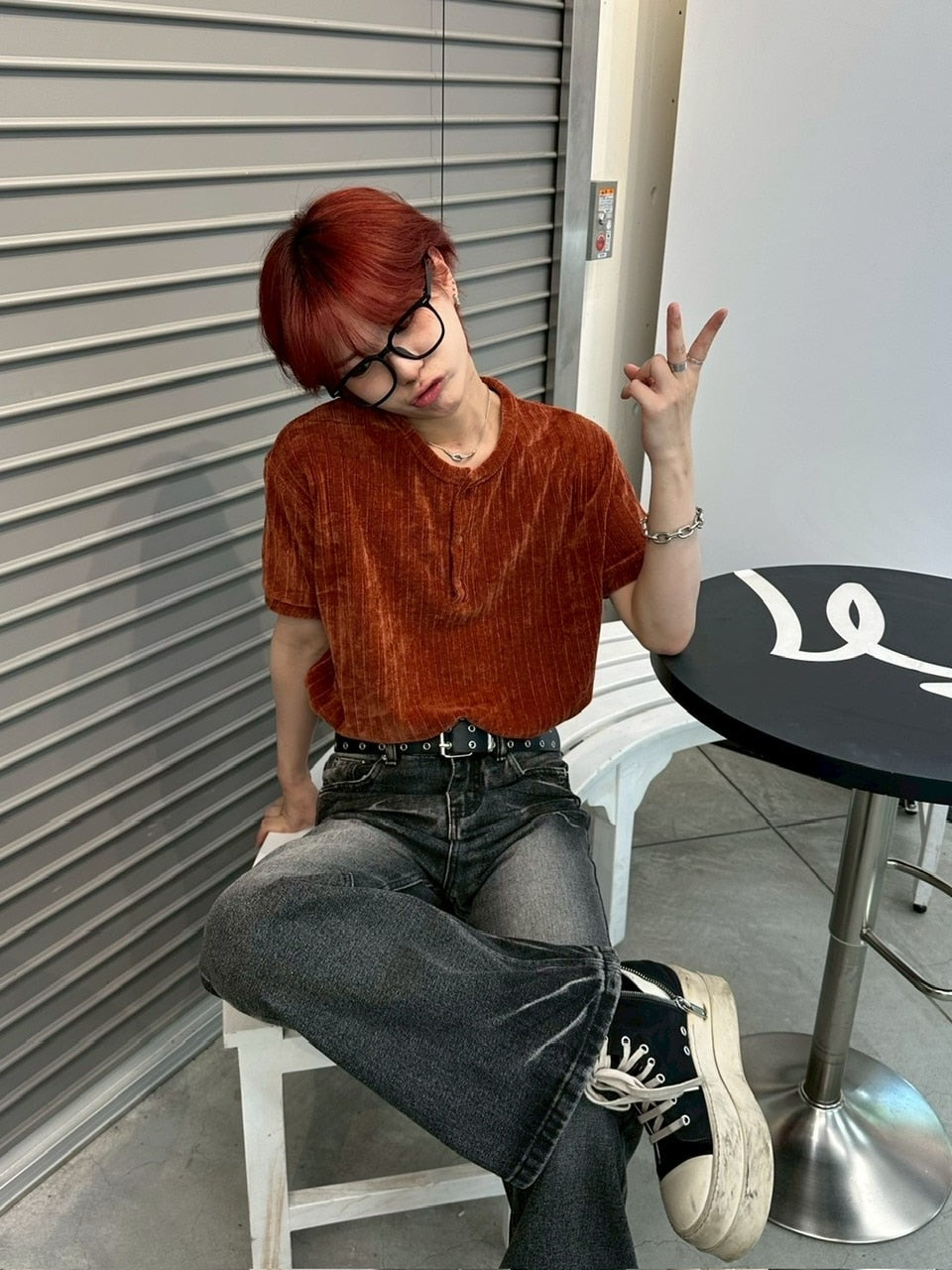 受注制【LUV CODE】henry neck half sleeve velours top (4color)