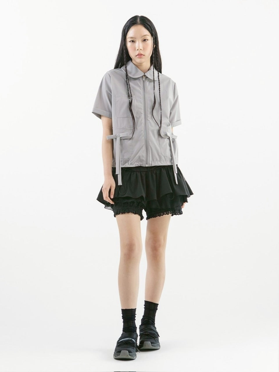 【TUOMIO】ROUND COLLAR NYLON ZIP-UP / 【トゥオミオ】ラウンドカラーナイロン半袖シャツジャケット