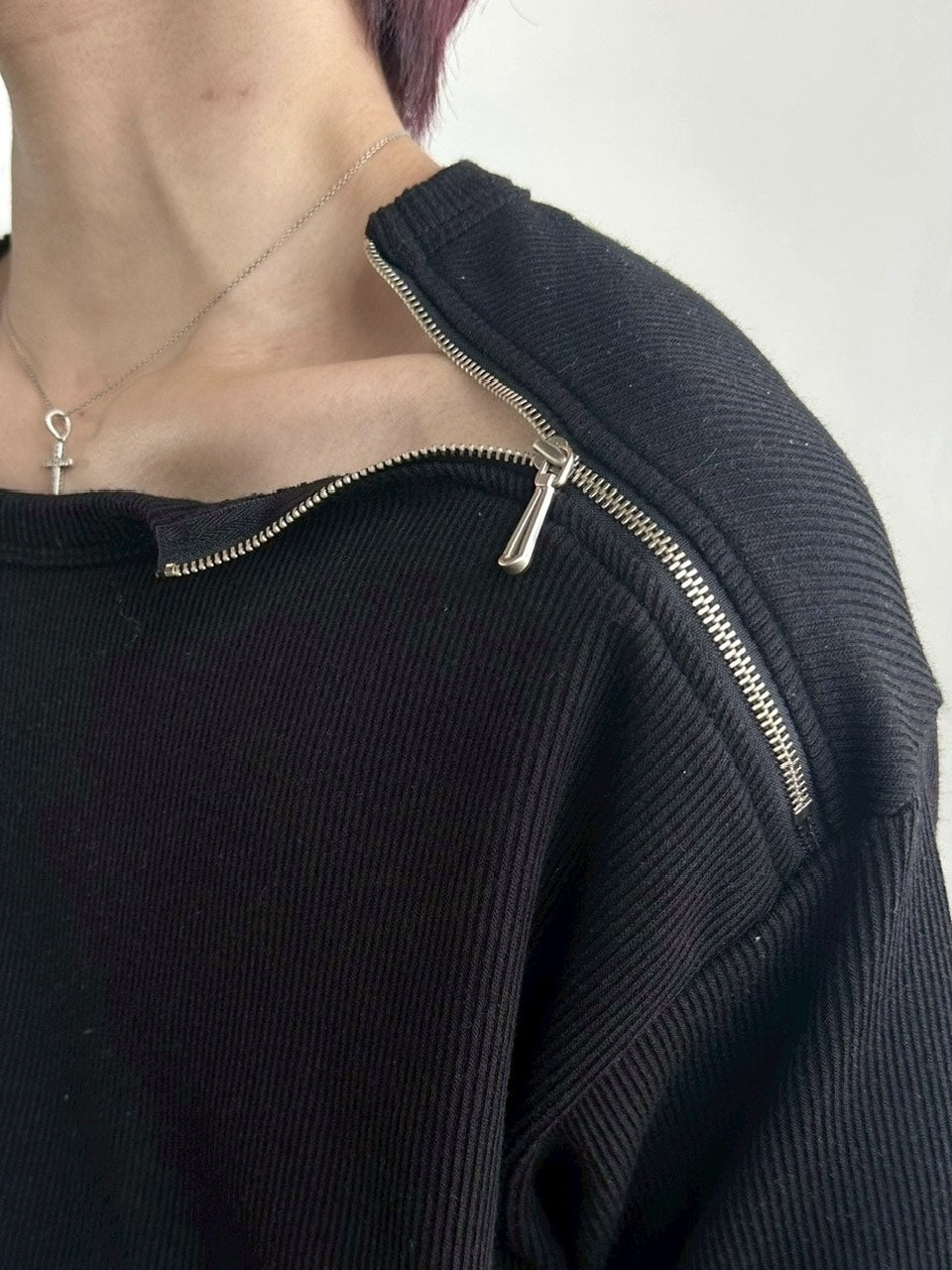 受注制【LUV CODE】shoulder zip half sleeve knit (3color)