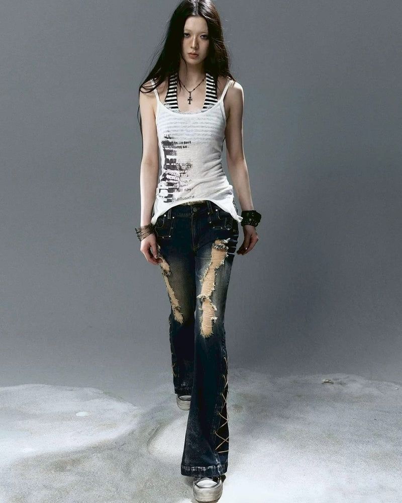 【Cest Nous】Graffiti Tank Top / 【セヌー】2wayグラフィックボーダーレイヤードタンクトップ