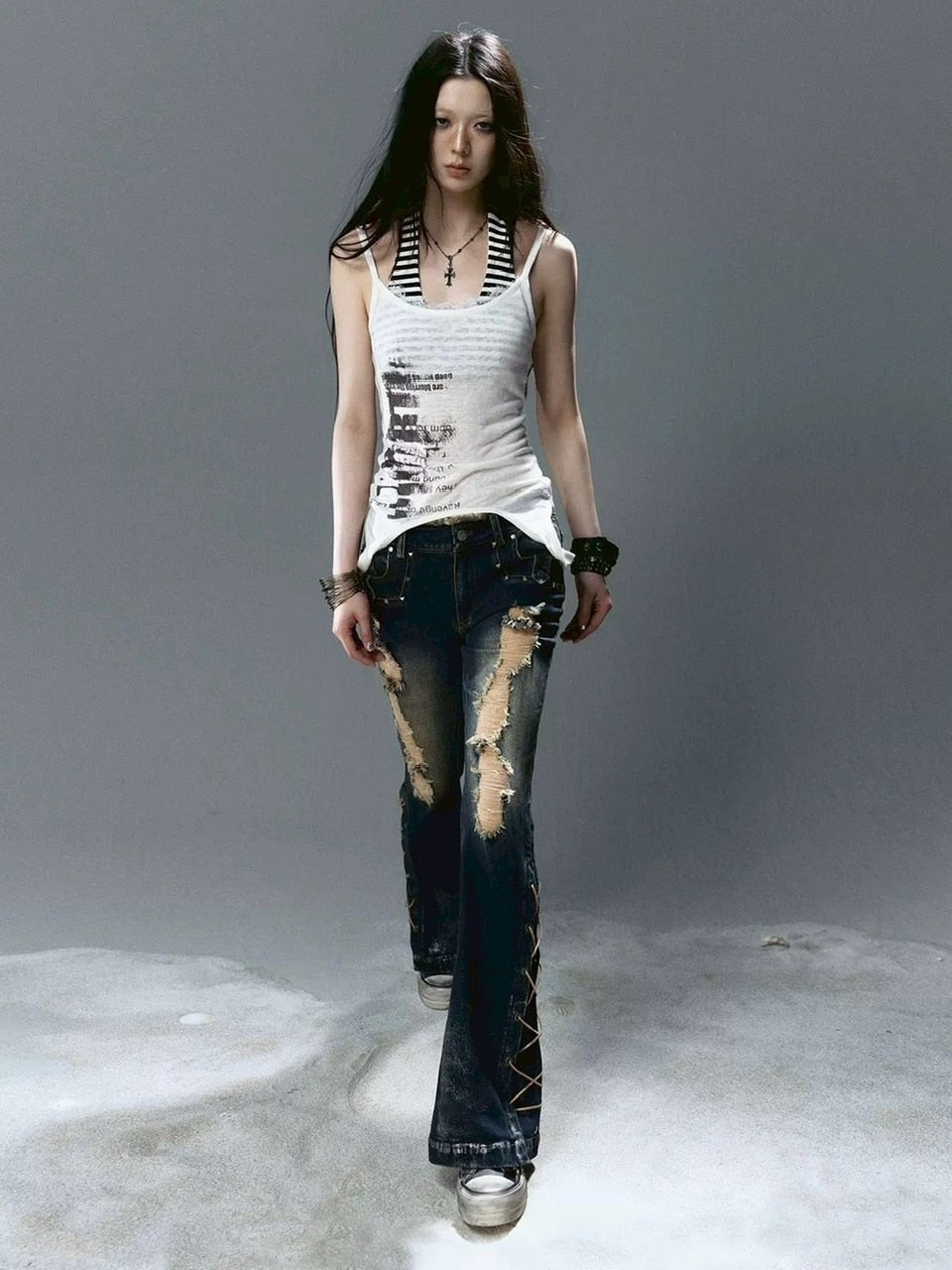 【Cest Nous】Graffiti Tank Top / 【セヌー】2wayグラフィックボーダーレイヤードタンクトップ