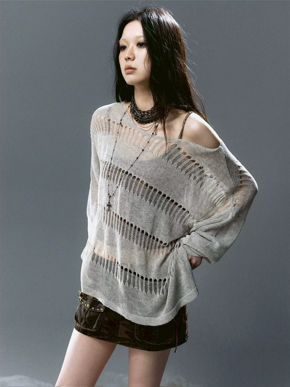 【Cest Nous】Knit Cover-Up / 【セヌー】シースルーボーダーサマーニット長袖Tシャツ