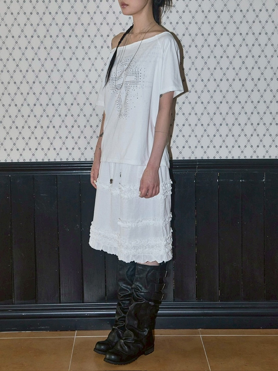 【FANCY CLUB】SHUSHU FRILL CHECK MIDI SKIRT / 【ファンシークラブ】シュシュフリルチェックミディスカート