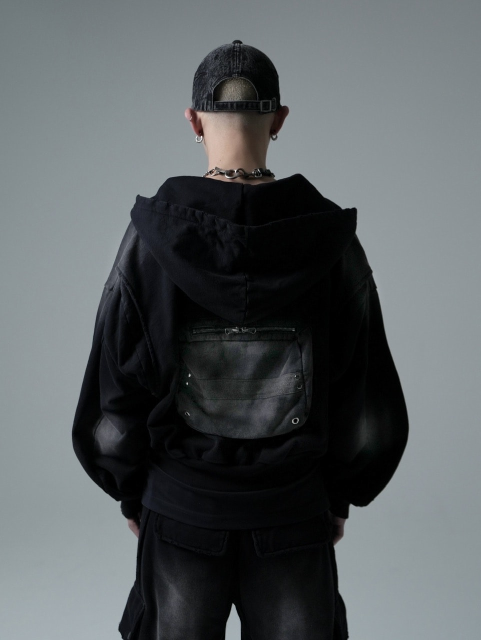 【CHIKASHITSU PLUS HIGH】cropped dirty wash double zip hoodie (wash black) / 【チカシツプラスハイ】クロップドダーティーウォッシュダブルジップパーカー