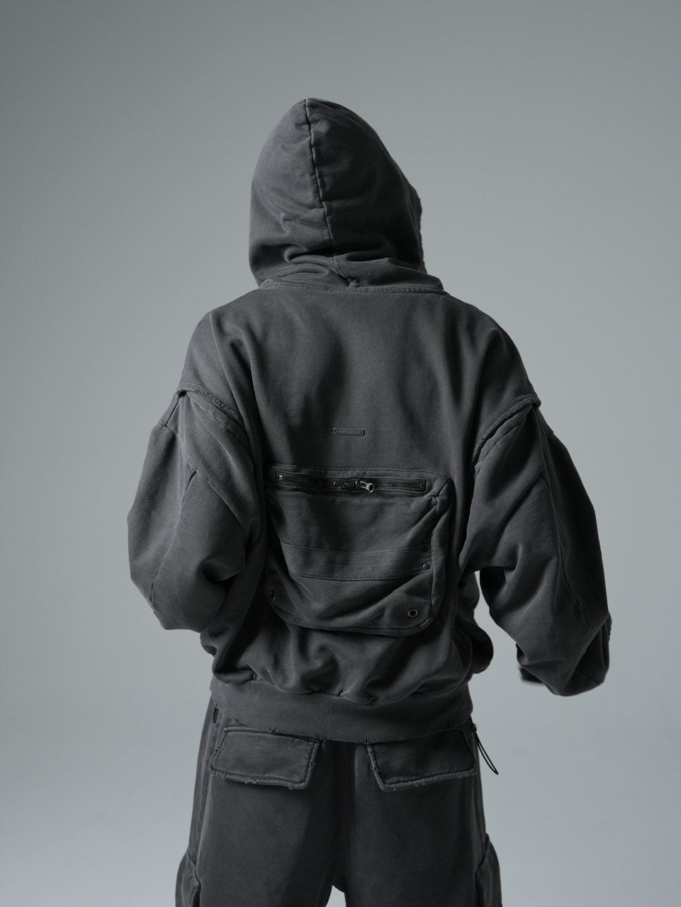 【CHIKASHITSU PLUS HIGH】cropped dirty wash double zip hoodie (charcoal) / 【チカシツプラスハイ】クロップドダーティーウォッシュダブルジップパーカー