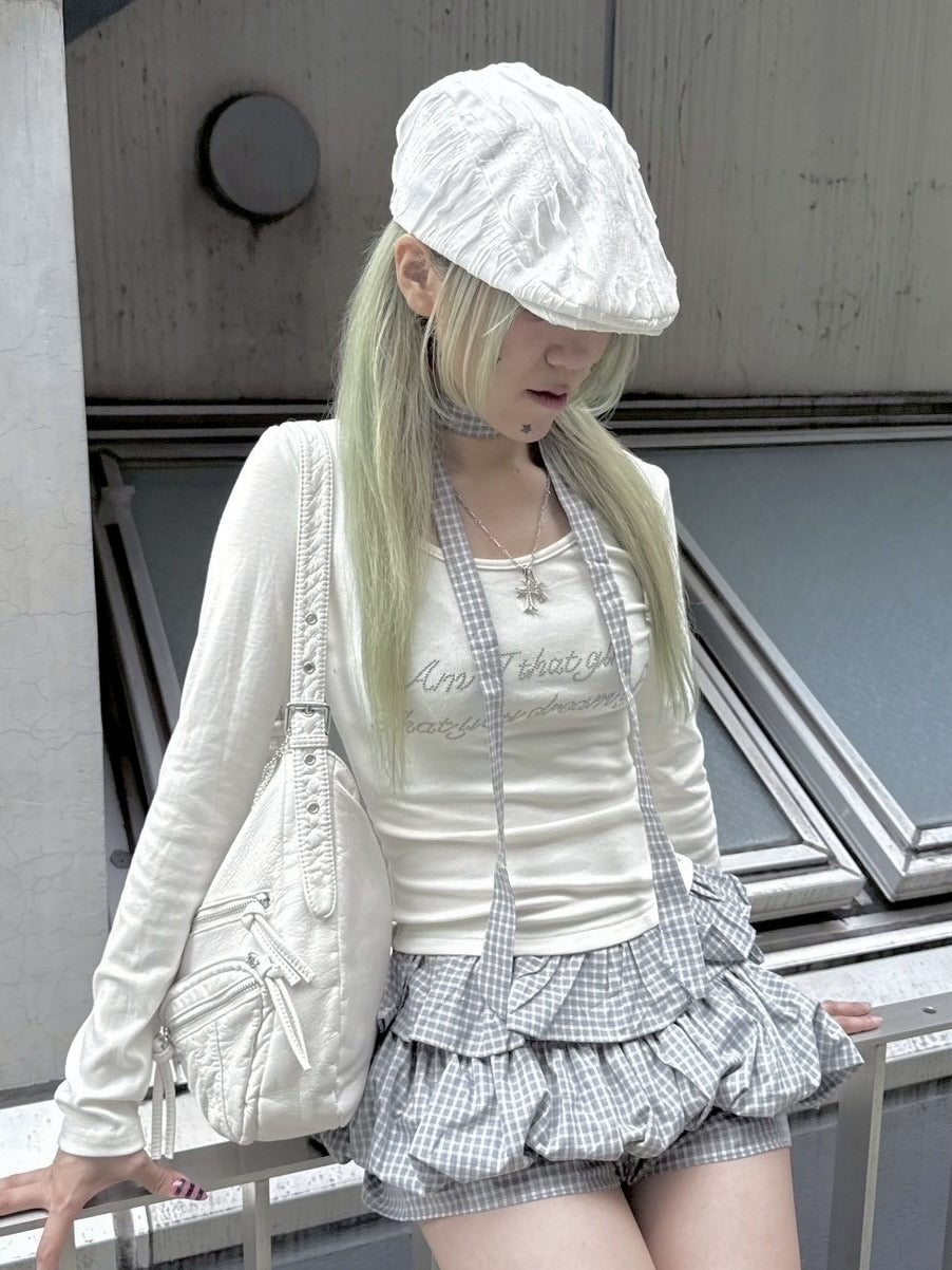 受注制【nmtc +】tie set check lace long sleeve / 【エヌエムティーシープラス】タイ付きチェックレース切り替え長袖Tシャツ (3color)