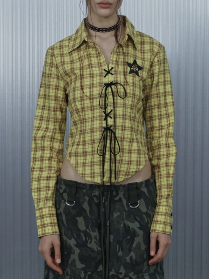 【SETUP‐EXE】CHECK RACE-UP SHIRT / 【セットアップエグゼ】チェックレースアップ長袖シャツ