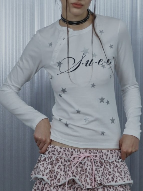 【SETUP‐EXE】STAR HENLEY NECK TOP / 【セットアップエグゼ】スターヘンリーネック長袖Ｔシャツ