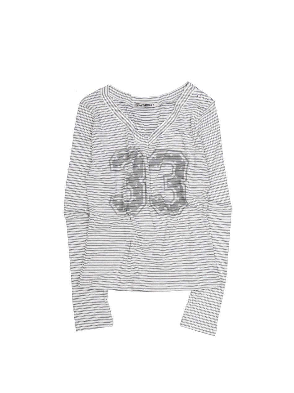 【SETUP‐EXE】33 STRIPE V-NECK TOP / 【セットアップエグゼ】33ストライプ長袖Ｖネック長袖Ｔシャツ