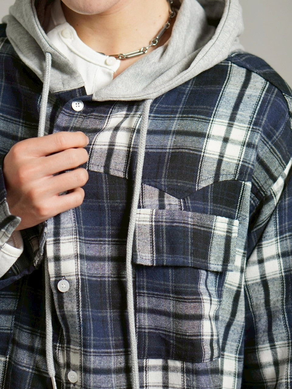 受注制【Chikashitsu +】hood mix check hoodie / 【チカシツプラス】フードミックスチェックパーカー (3color)