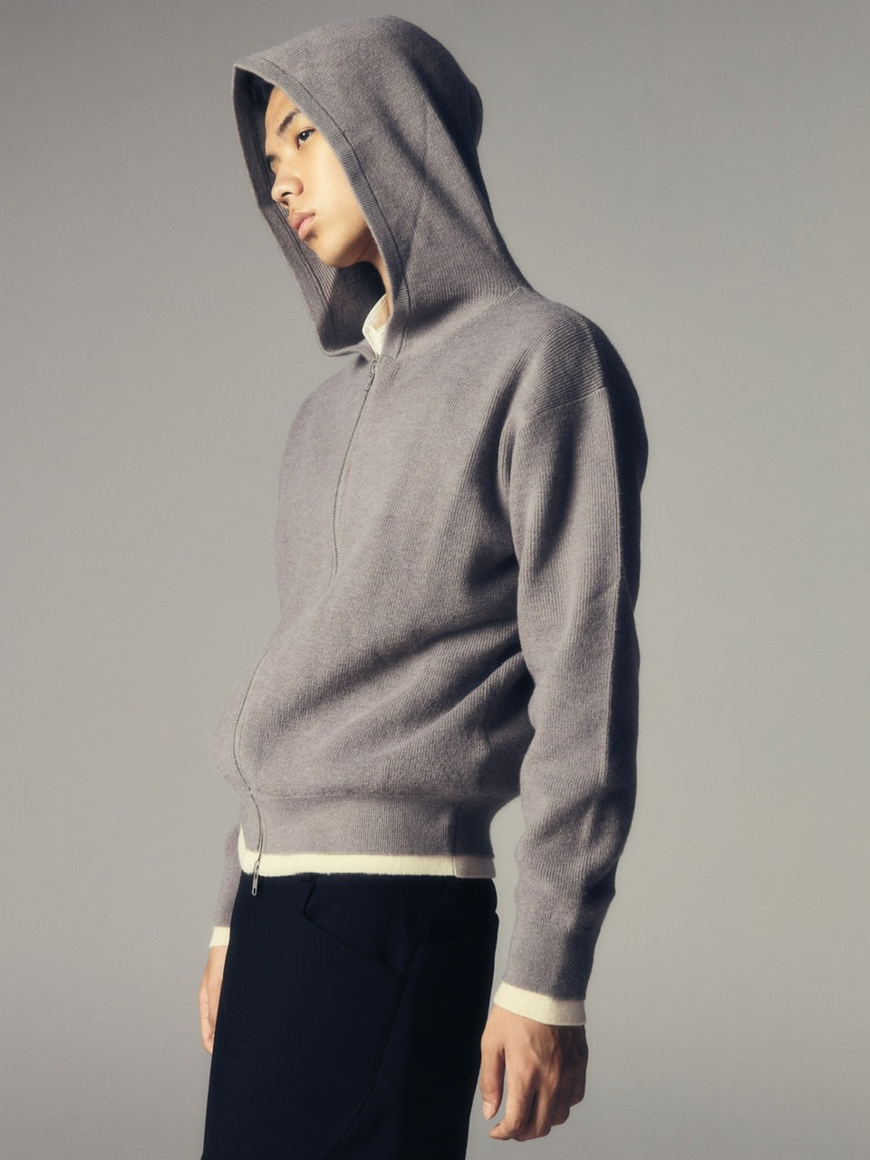【CS】layered knit zip hoodie (gray) / 【シーエス】レイヤードニットジップフーディー