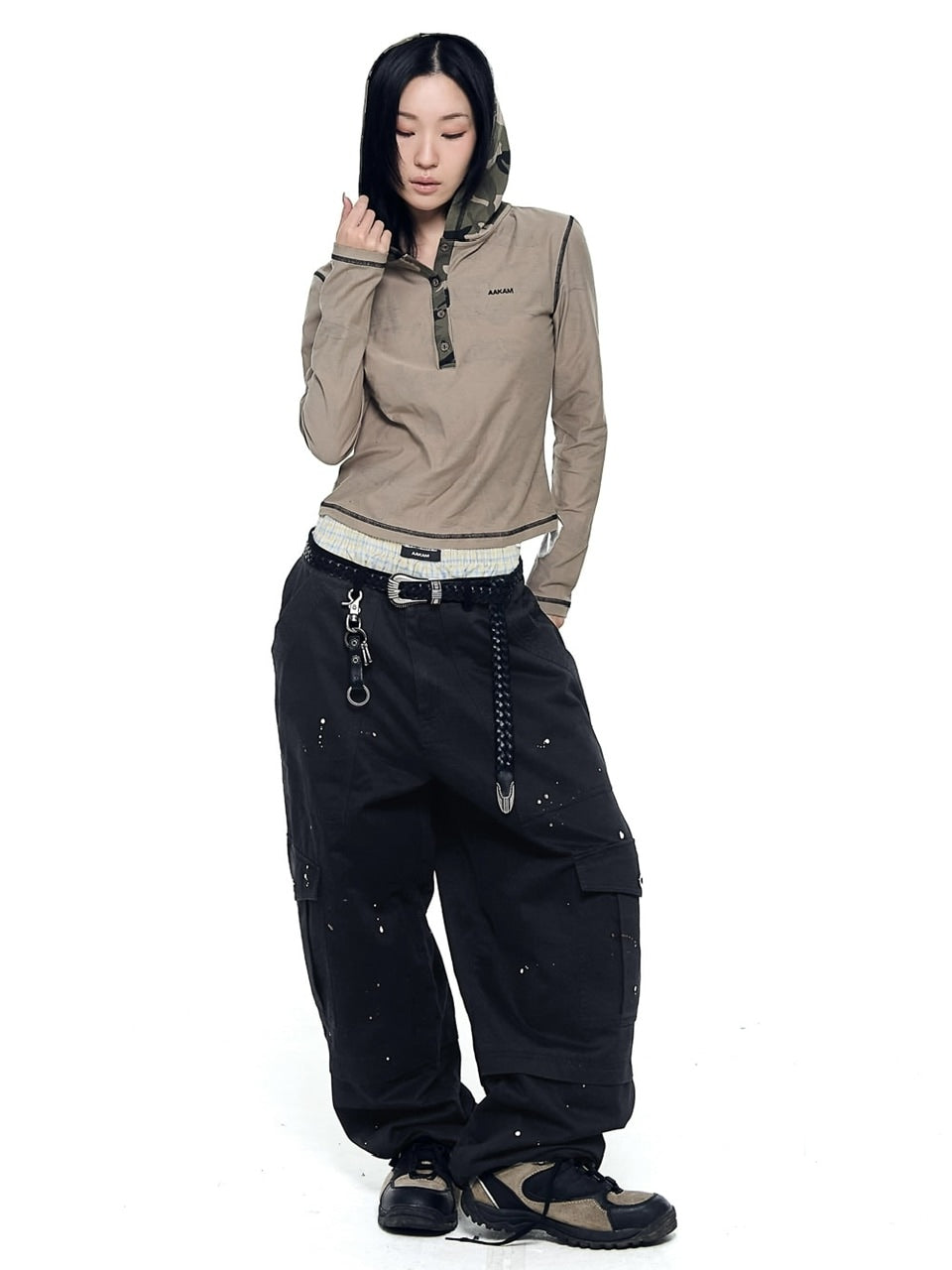 【AAKAM】Camo Contrast Hooded Long Sleeve