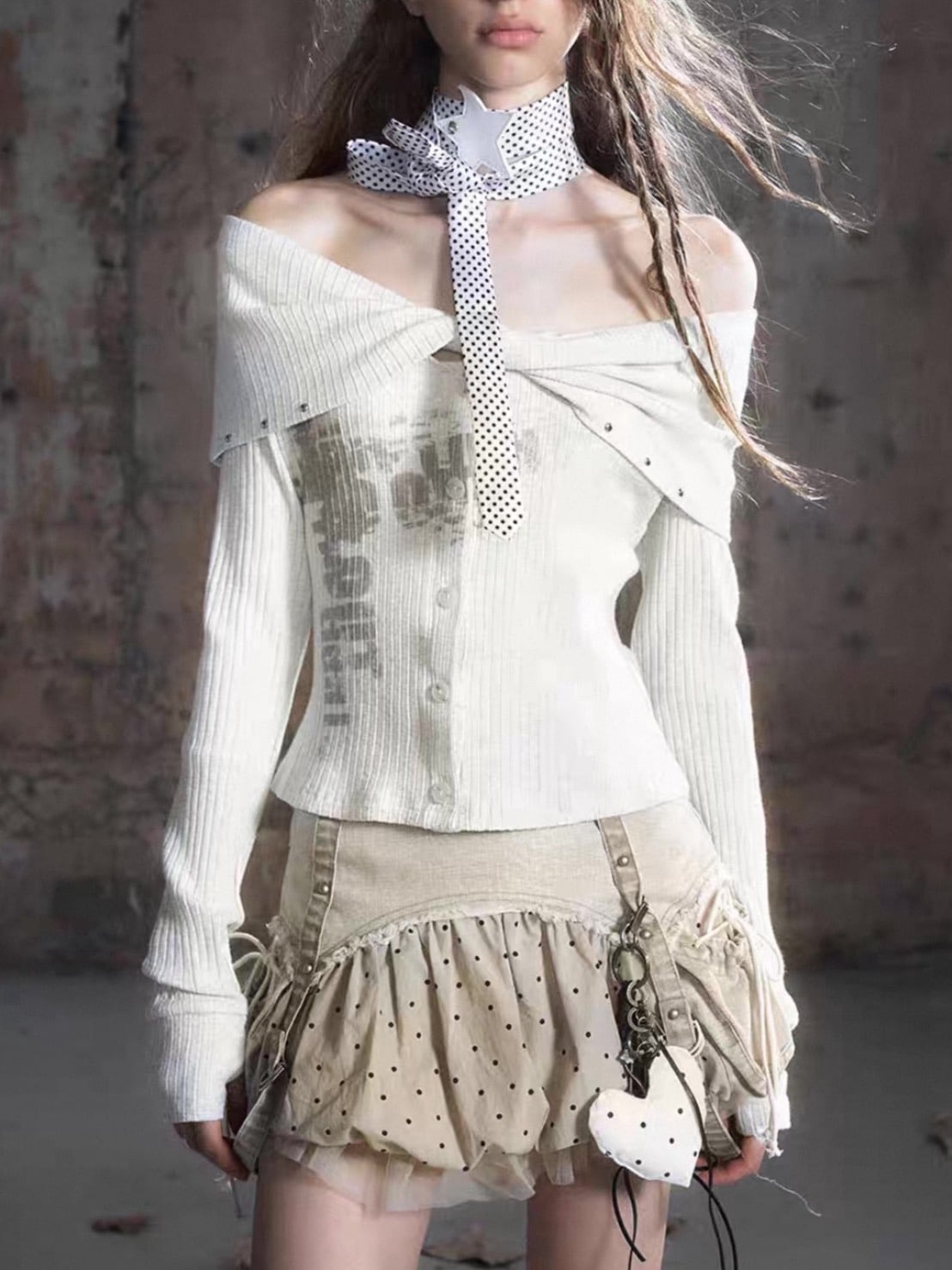 【Cest Nous】Off Shoulder Print Top / 【セヌー】オフショルダープリント長袖トップス