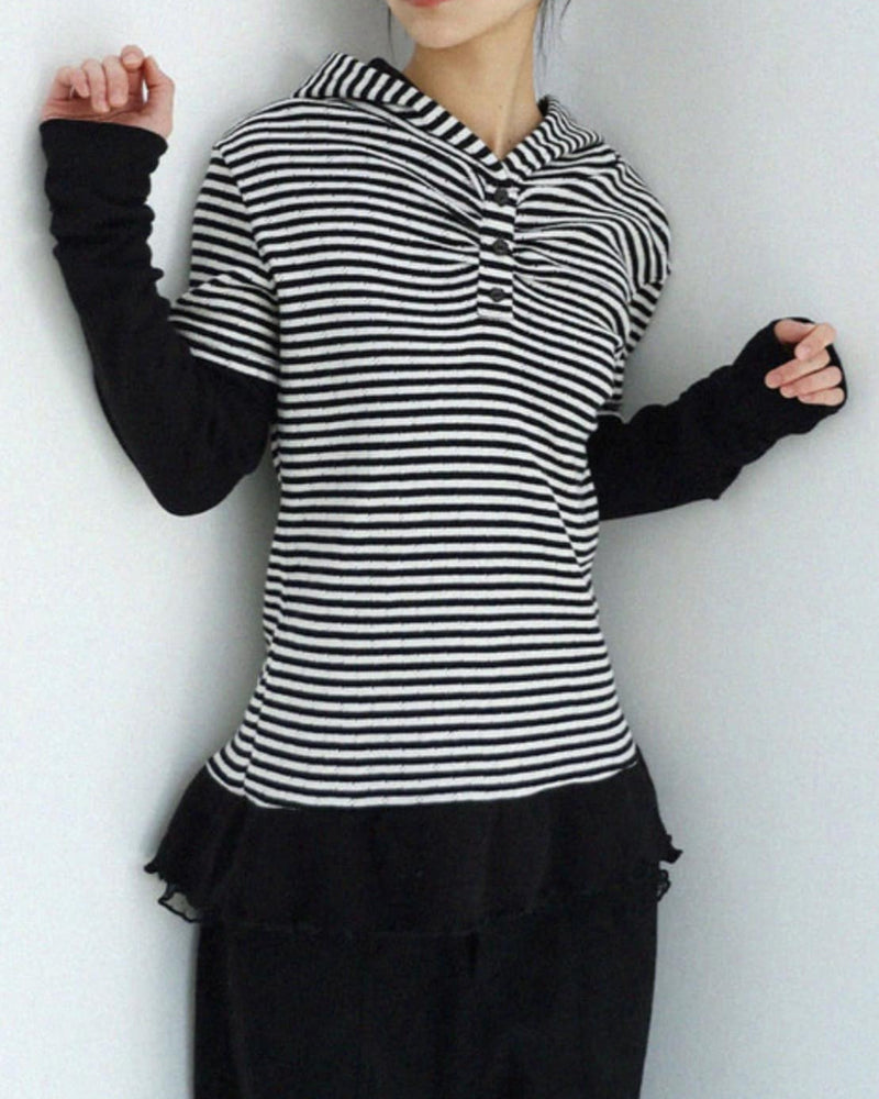 12/21 20:00 発売【Uglyshadow】STRIPE SHIRRING LAYERED HOODIE