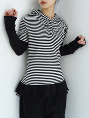 12/21 20:00 発売【Uglyshadow】STRIPE SHIRRING LAYERED HOODIE