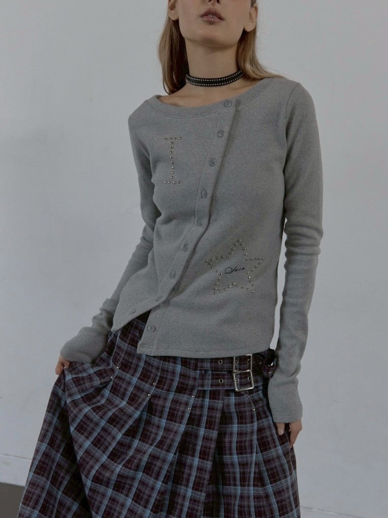 【SETUP‐EXE】STAR BUTTON TOP / 【セットアップエグゼ】ラインストーンボタン長袖Tシャツ