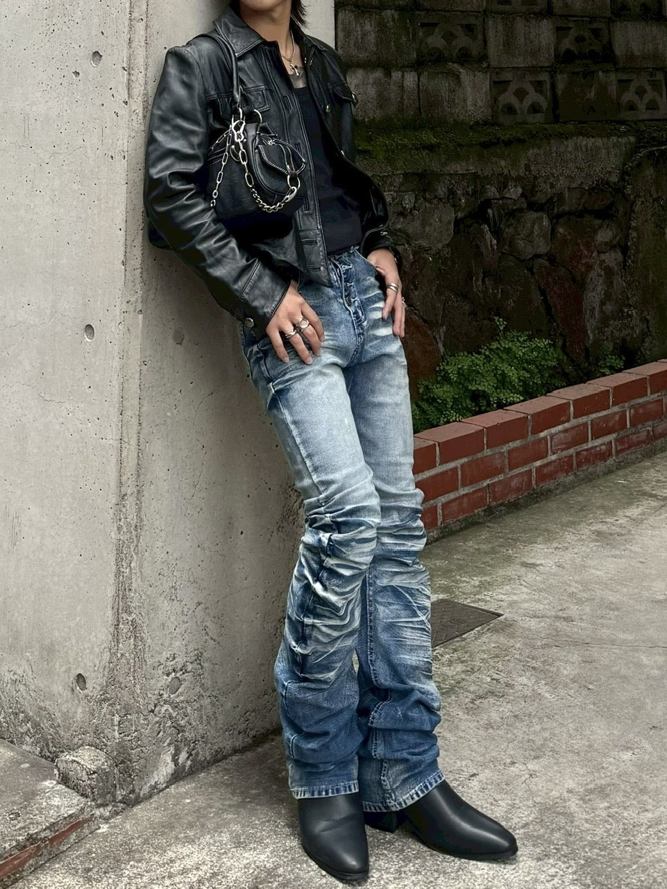 国際配送【RENOL】vintage washed knee pleat denim pants