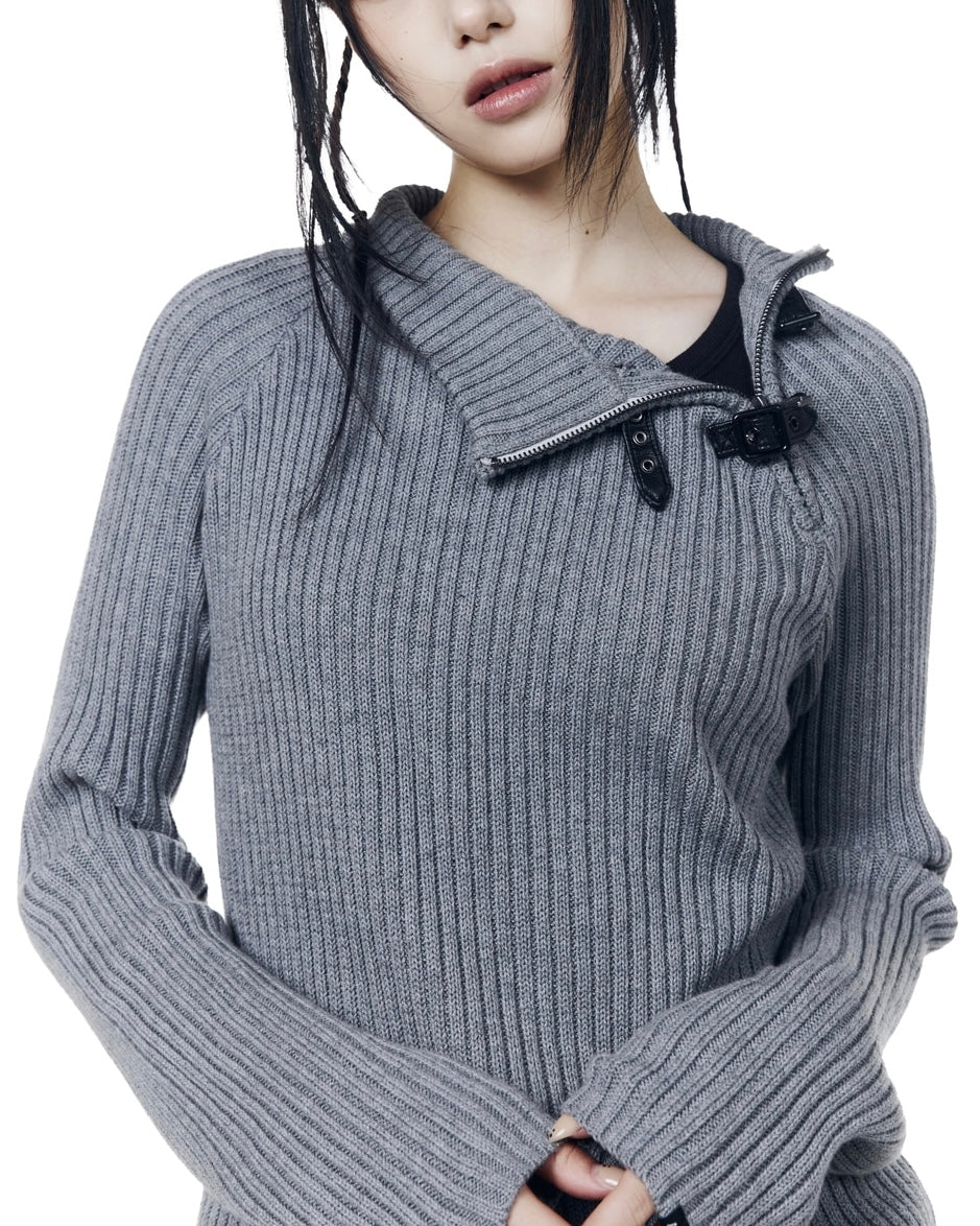 【AAKAM】Slant Zipper Belted Knit