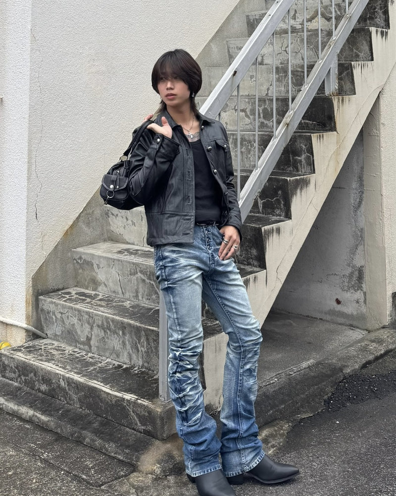 国際配送【RENOL】vintage washed knee pleat denim pants