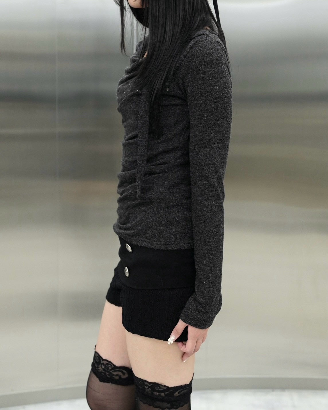 受注制【Never mind the XU】Draped ruched tie set top (4color)