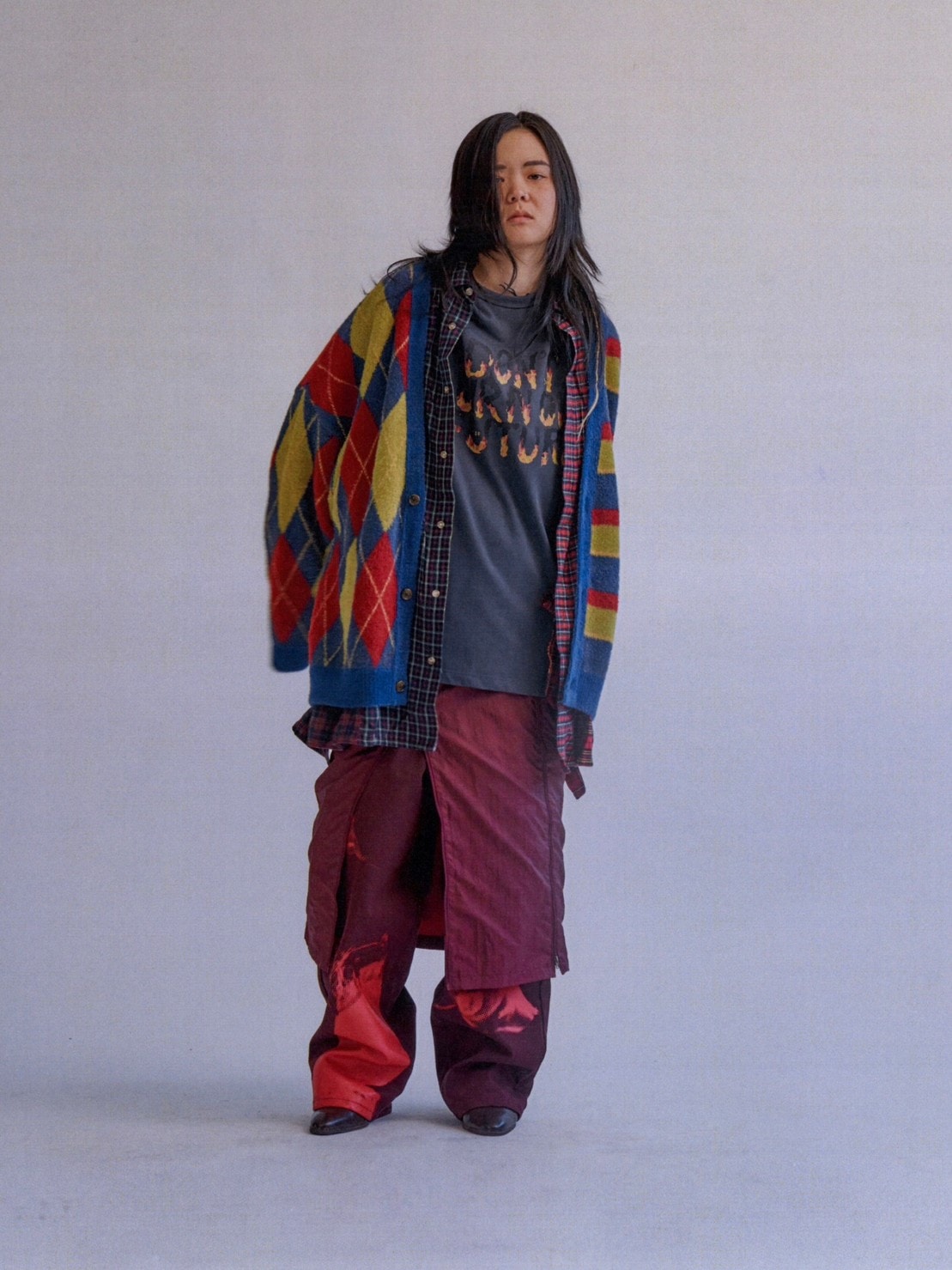 【AJOBYAJO】Argyle Stripe Mixed Cardigan / 【アジョバイアジョ】アーガイルストライプボーダーミックス長袖カーディガン