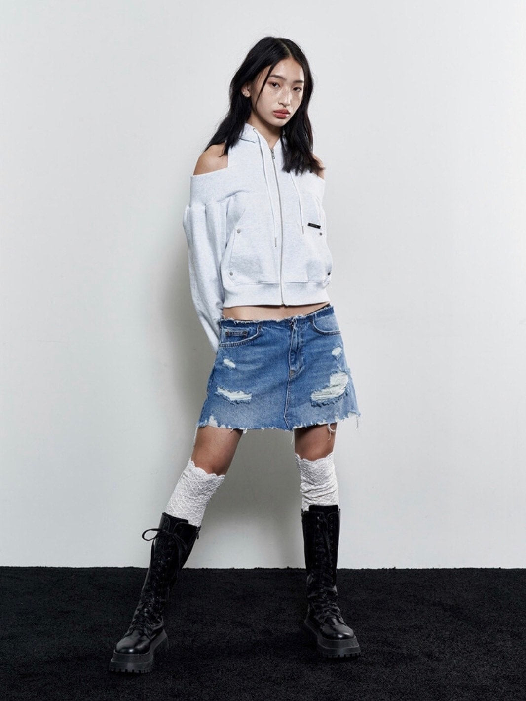 【NOT KNOWING】Open Shoulder Zip Up Hoodie / 【ノットノーイング】オープンショルダージップアップパーカー