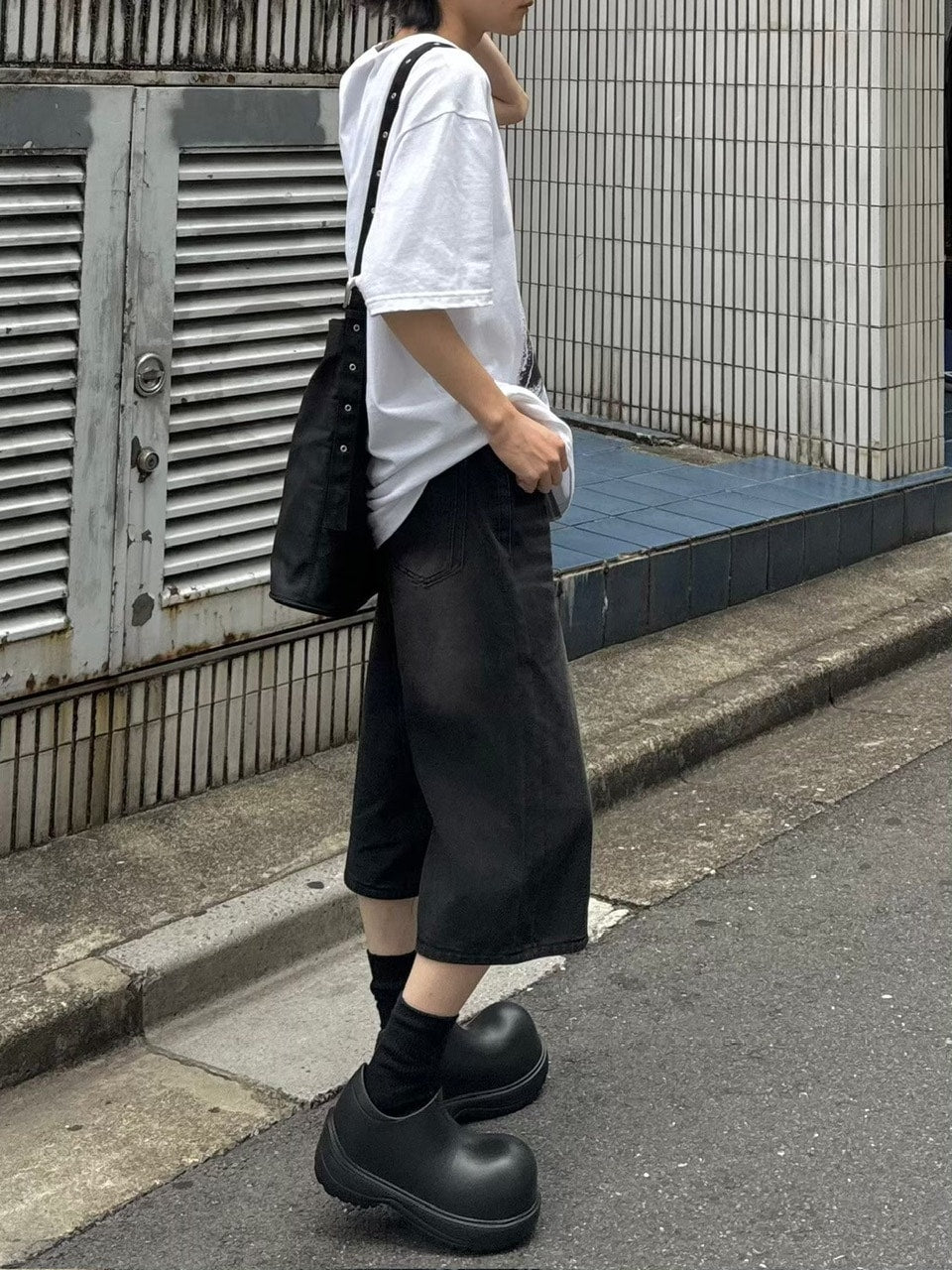 【Chikashitsu +】vintage wash wide denim half pants (2color)