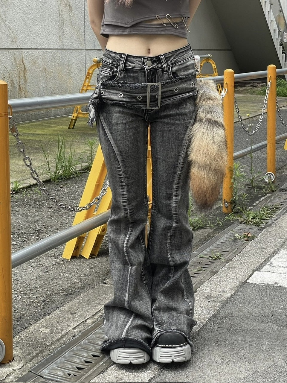国際配送【Never mind the XU】belt flare denim pants 2 (2color)