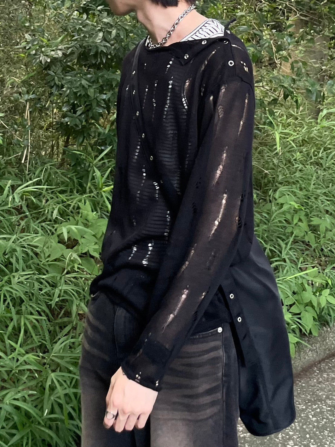 受注制【Chikashitsu +】shoulder button damage summer knit (3color)