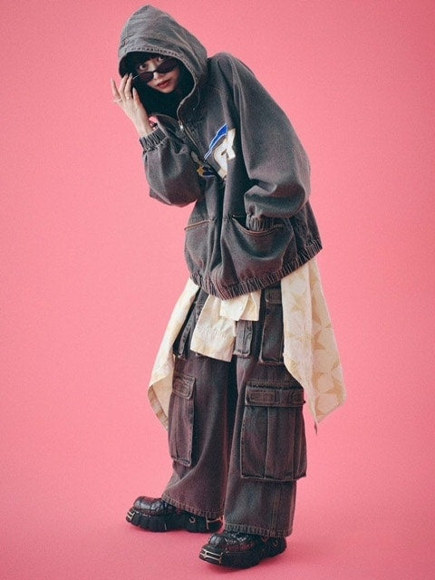 【GALFY】ダーティーデニムワイドカーゴ