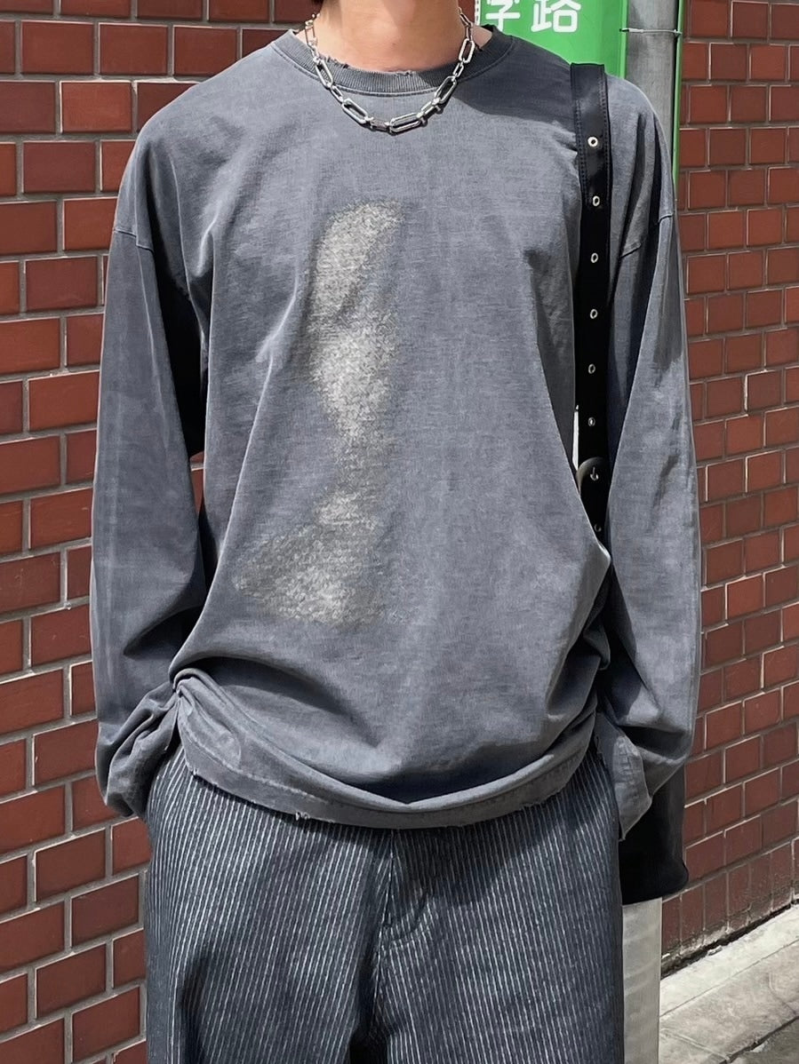 【Chikashitsu +】oversized shadow print damage long sleeve (2color) / 【チカシツプラス】オーバーサイズシャドウプリントダメージ長袖Tシャツ