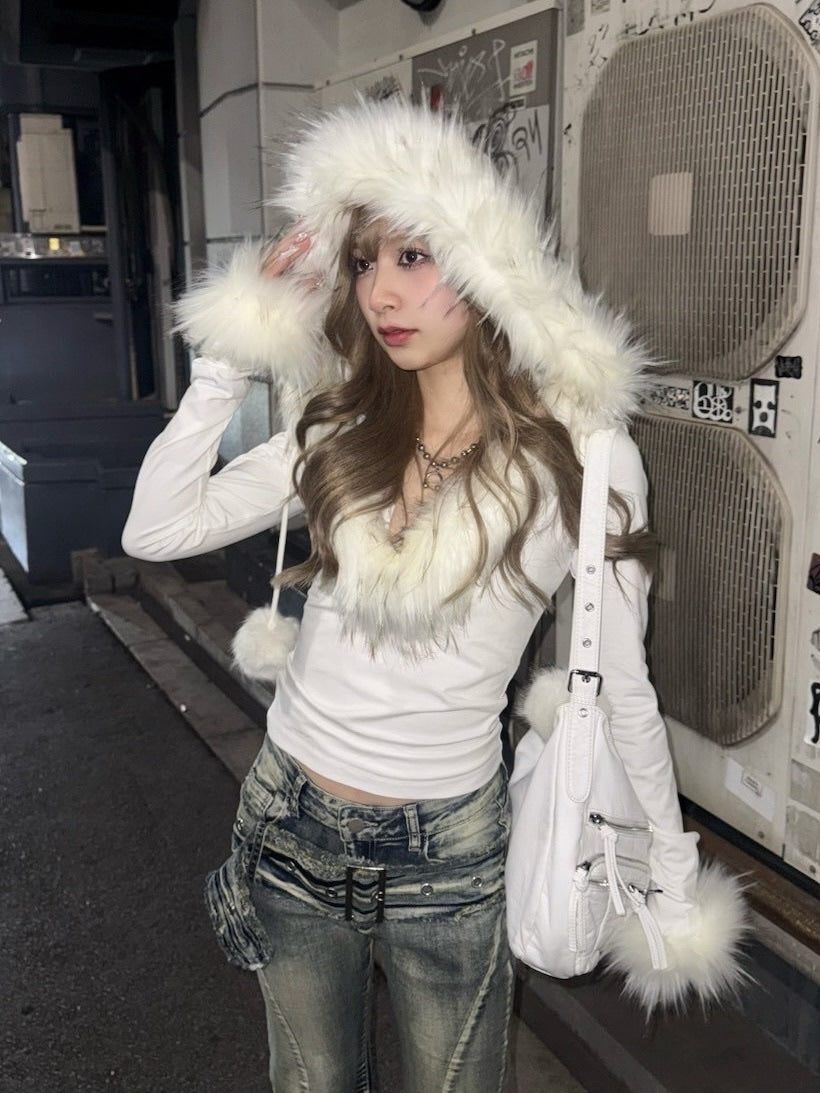 受注制【Never mind the XU】v neck crop fur hoodie (2color)