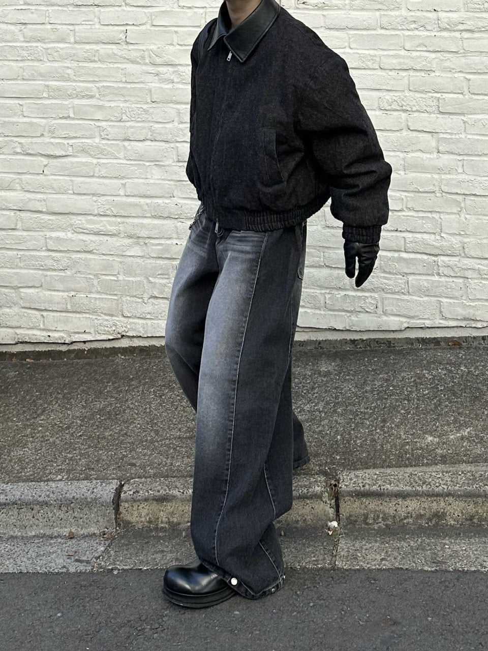 大阪店WEB限定【Chikashitsu +】cropped leather collar denim jacket