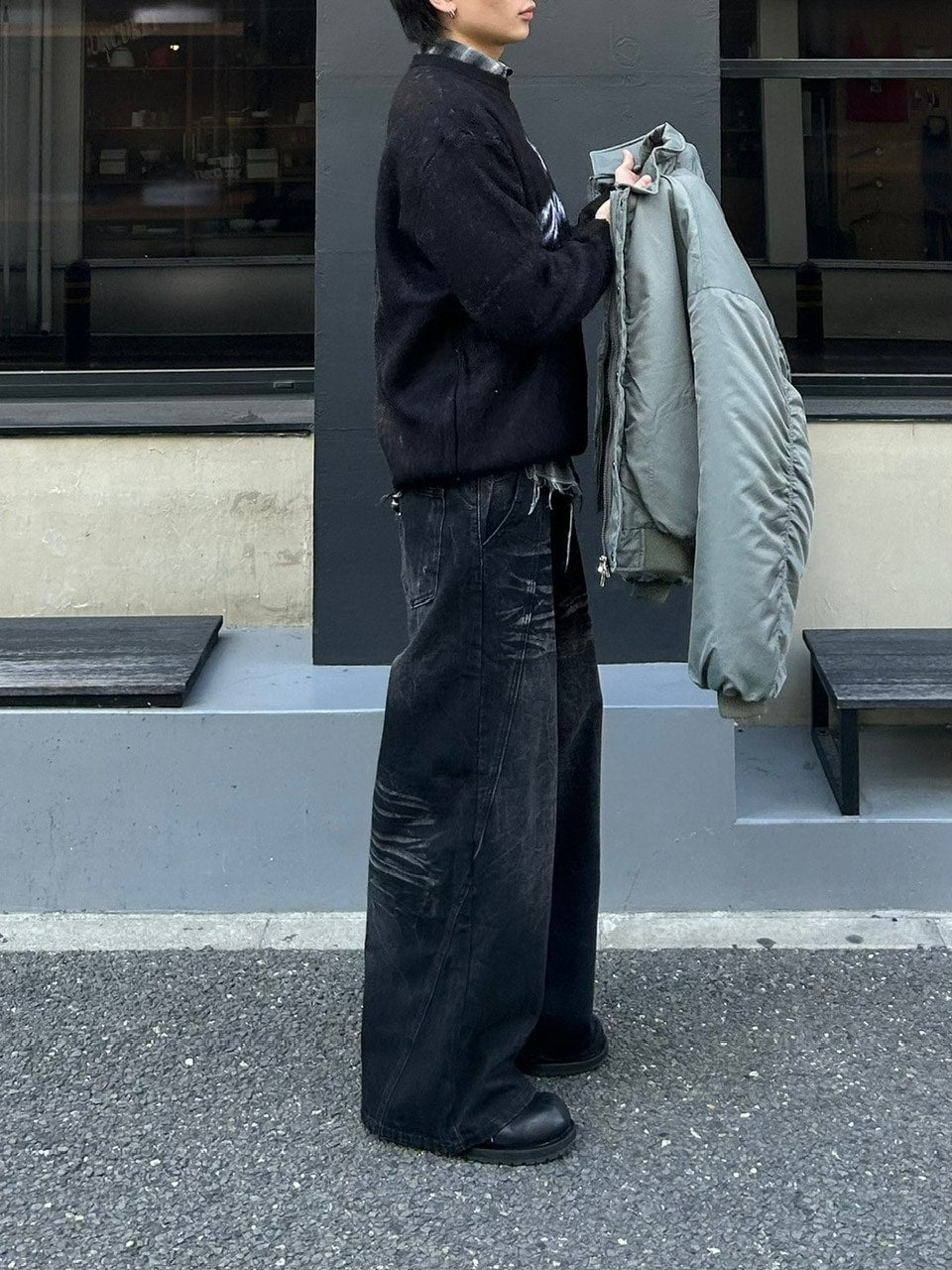 受注制【Chikashitsu +】curve stitch wide denim pants / 【チカシツプラス】カーブステッチワイドデニムパンツ