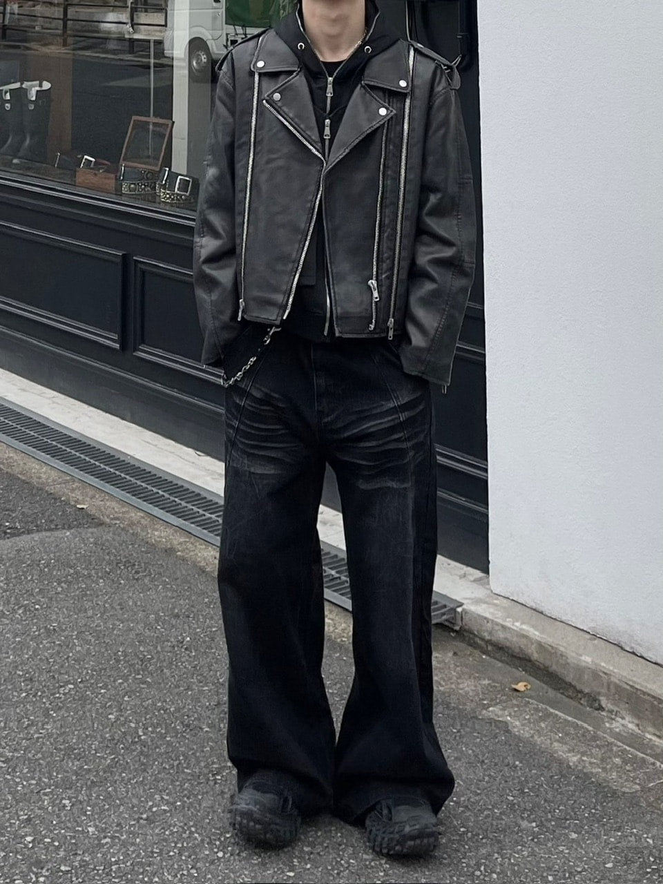 受注制【Chikashitsu +】aging wash cropped riders jacket