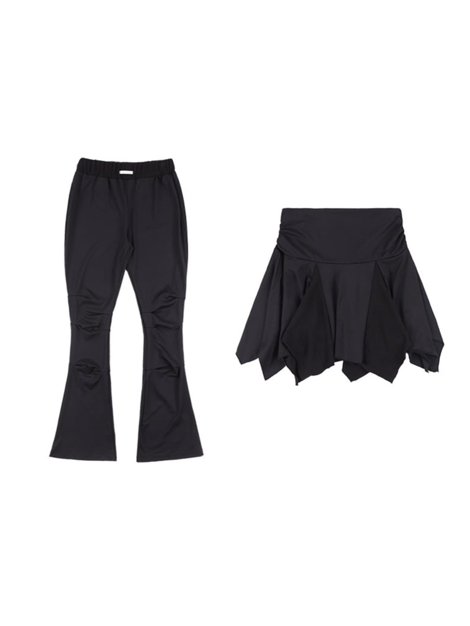 【FANCY CLUB】UNBALANCE SKIRT LAYERED PINTUCK PANTS