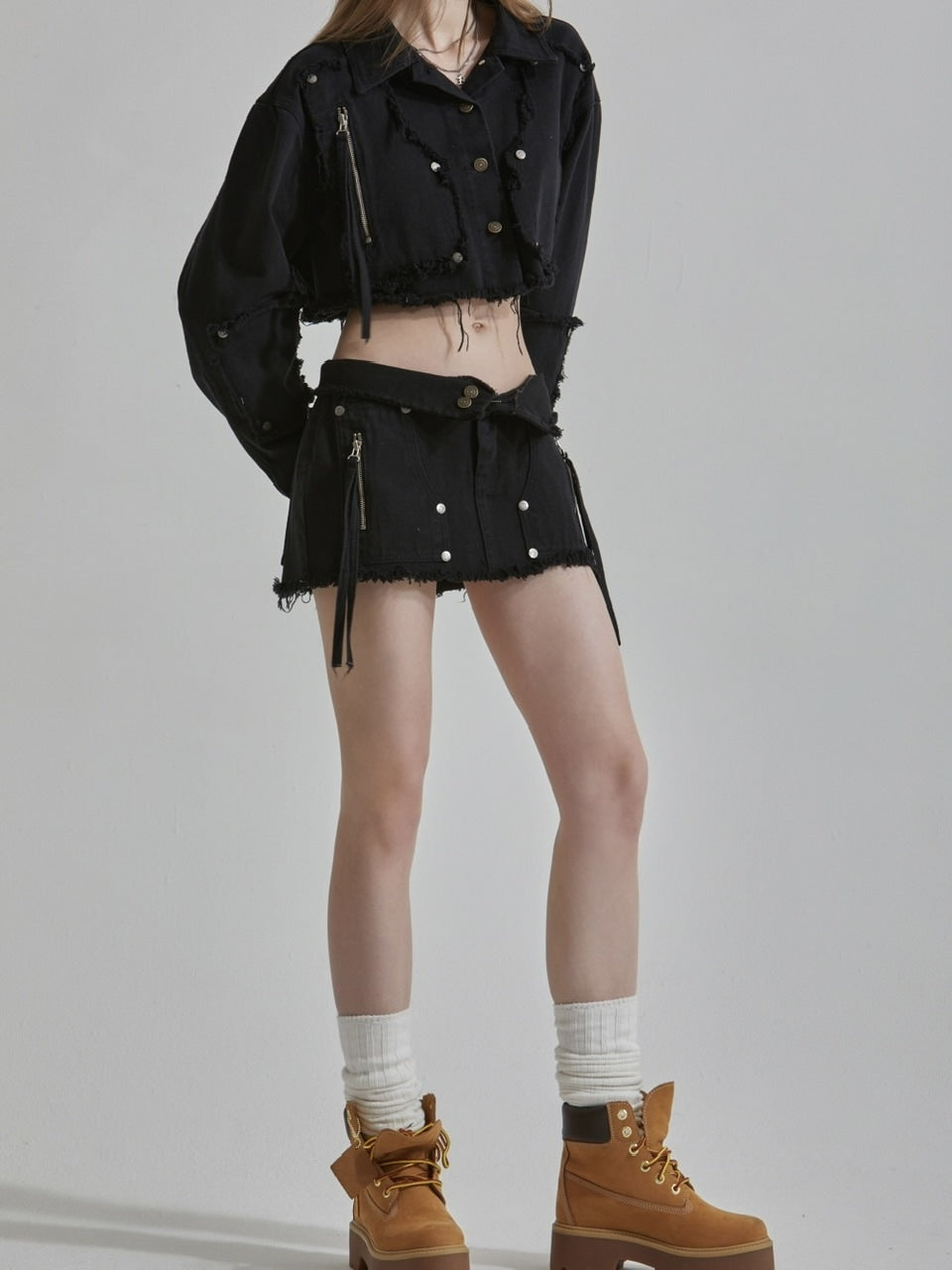 【GATELESS】RIVET FRINGE DENIM MINI SKIRT